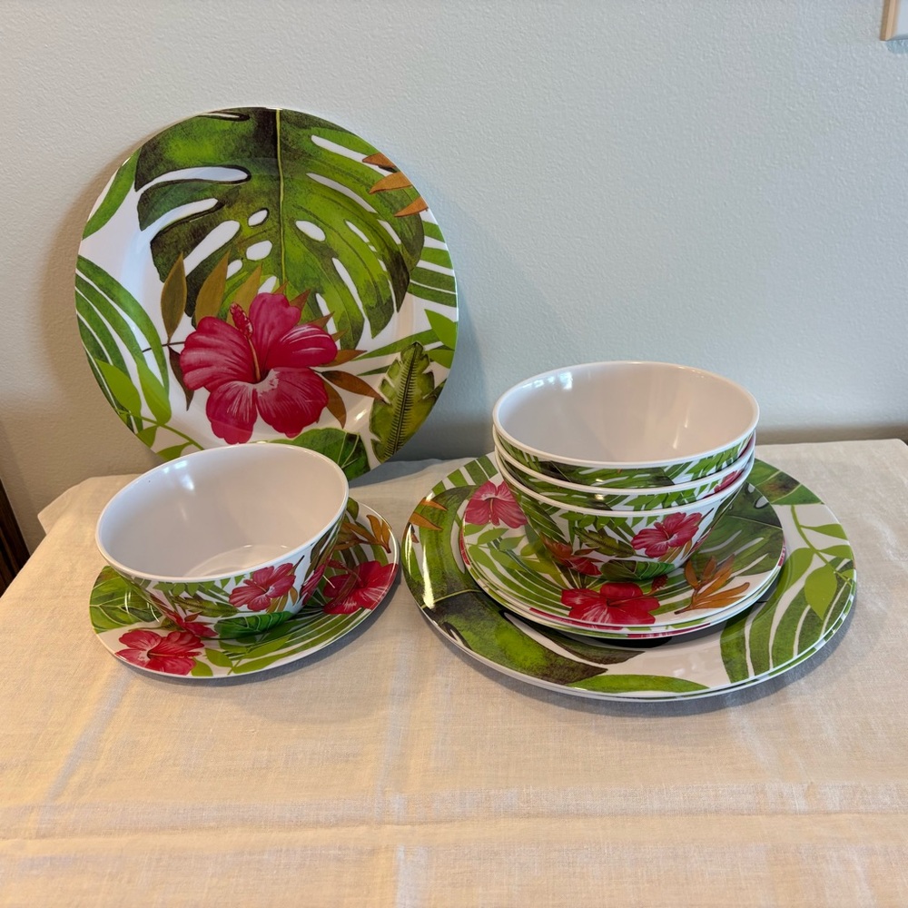 12 Piece Melamine Hibiscus Tropical Dinnerware Set Bowls. Dinner & Salad Plates - Picture 2 of 11